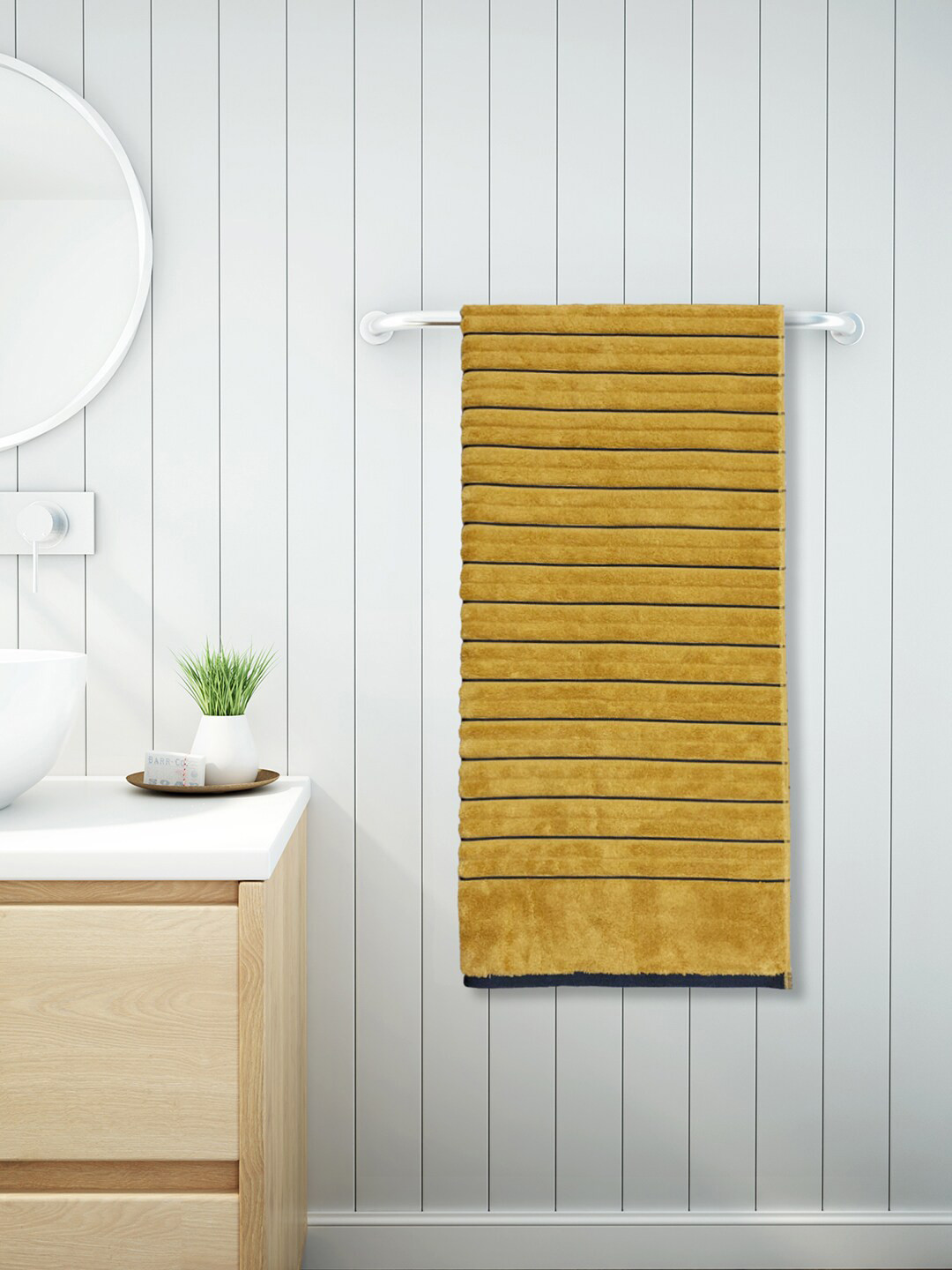 SPACES Yellow & Black Striped 575 GSM Pure Cotton Bath Towel