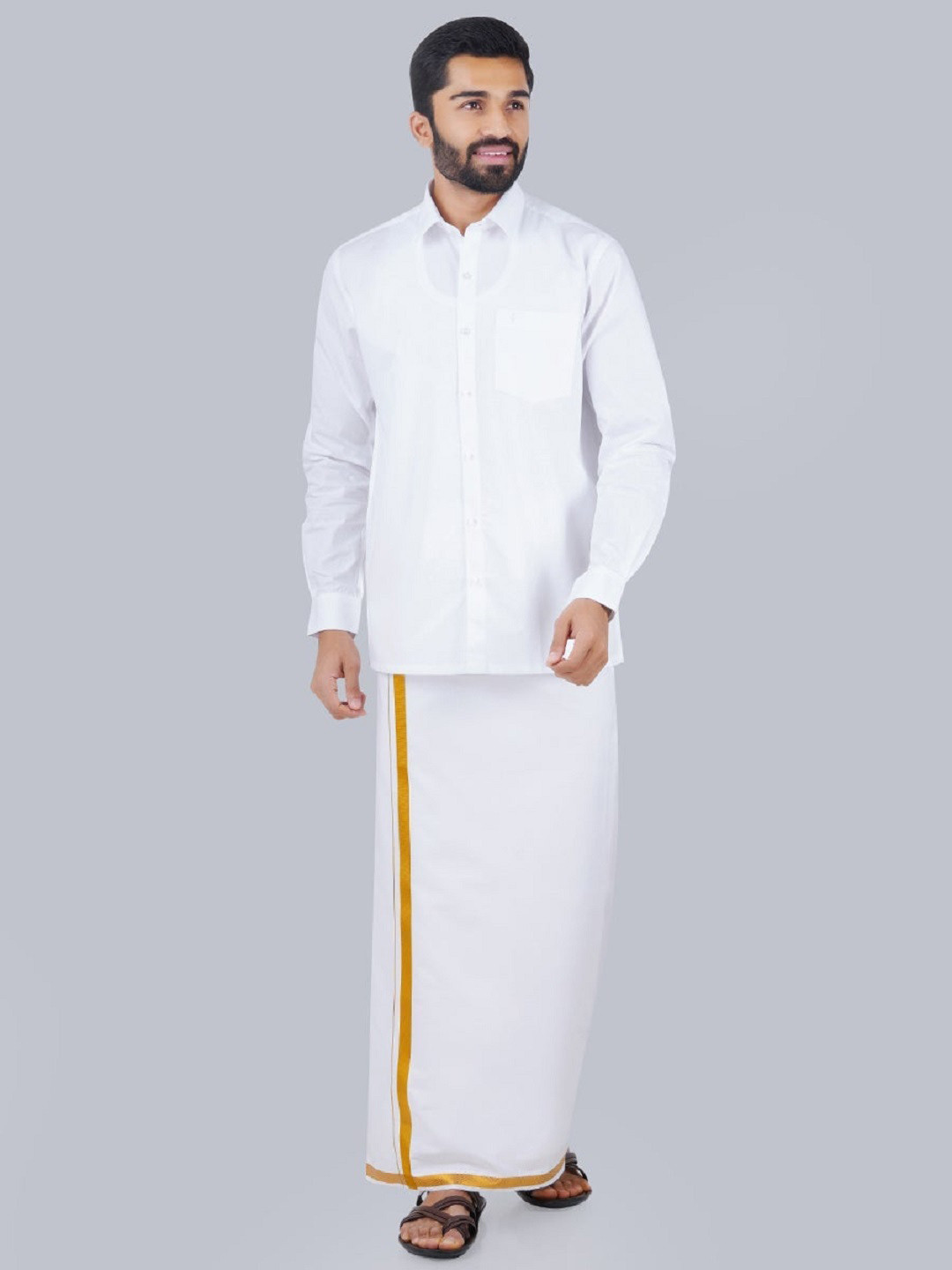 Ramraj Long Sleeves Shirt With Gold Jari Border Veshti