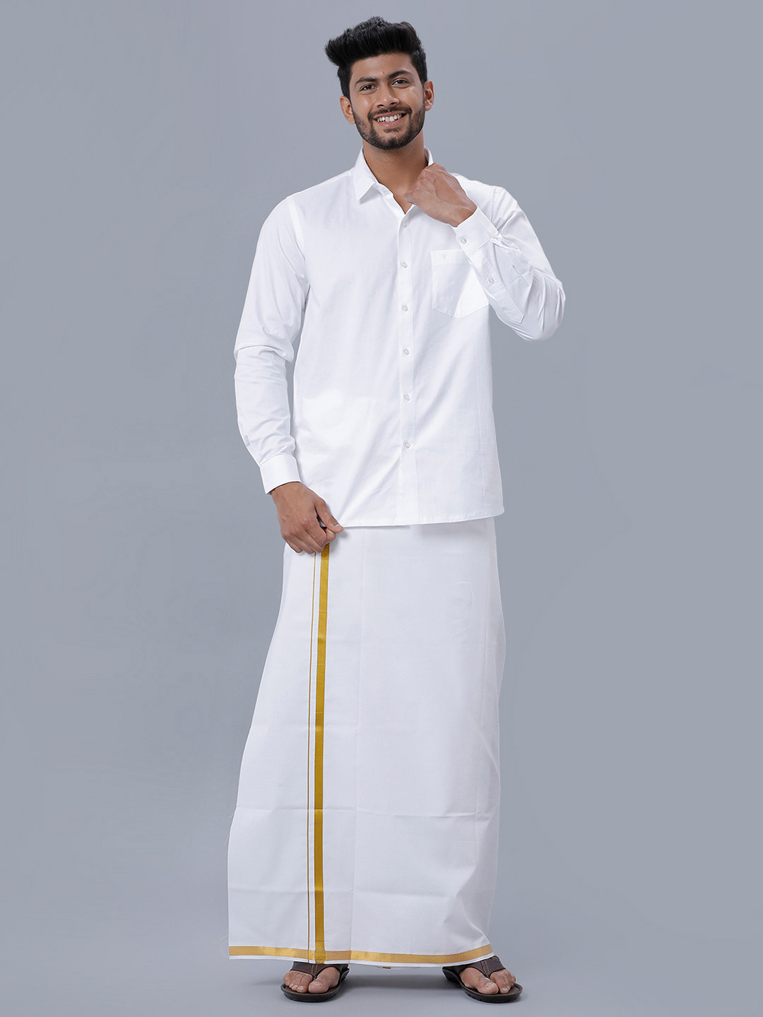 Ramraj Long Sleeves Shirt With 3/4 inch Gold Jari Border Veshti