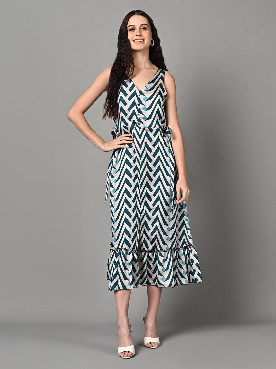 Justin Whyte Geometric Printed Satin Fit & Flare Midi Dress