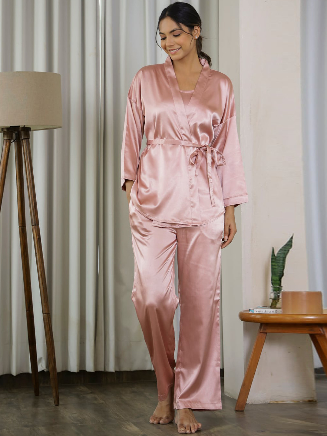 SANSKRUTIHOMES Shoulder Straps Top & Lounge Pant With Robe