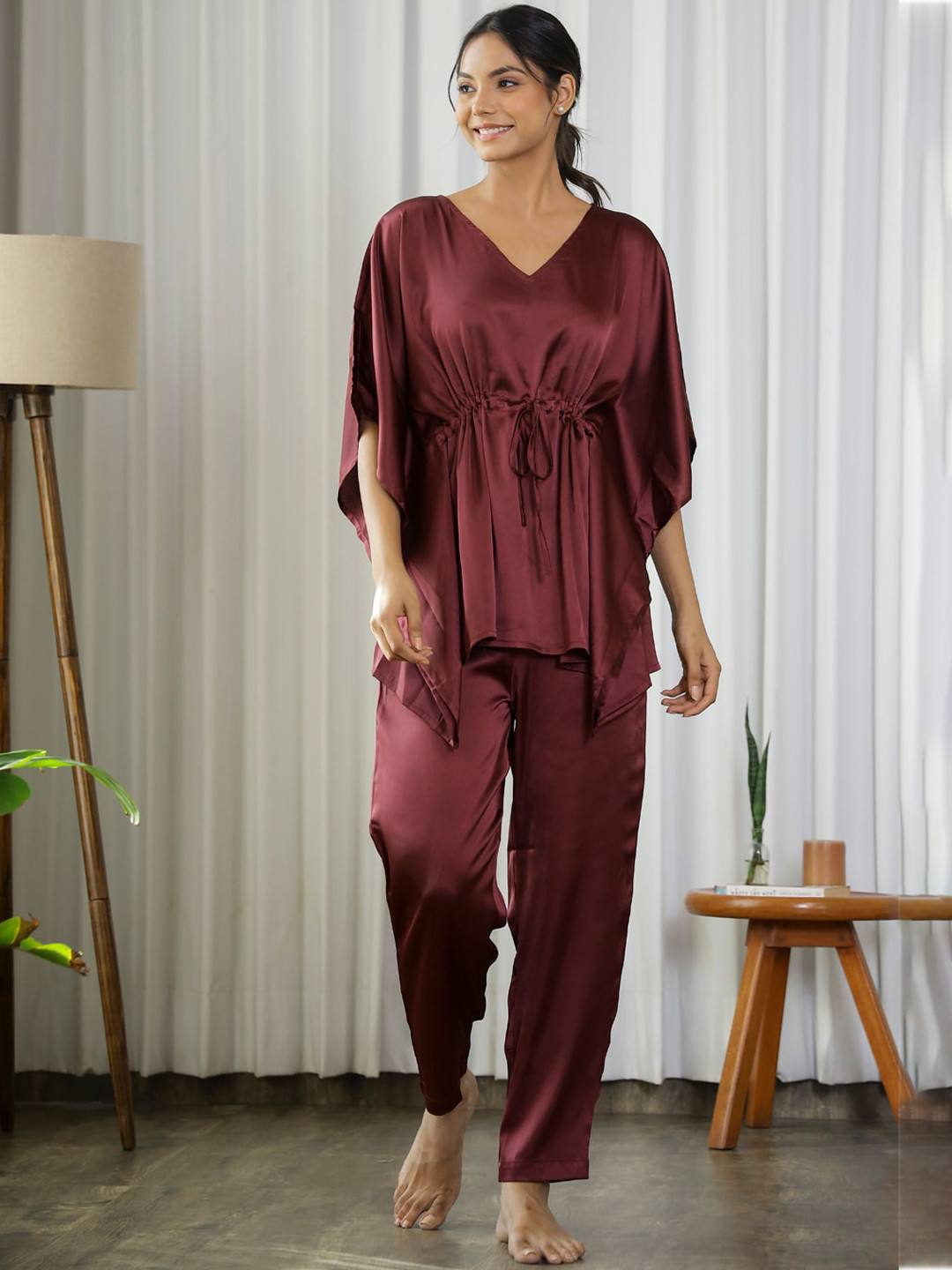 SANSKRUTIHOMES V-Neck Short Sleeves Satin Kaftan & Pyjamas