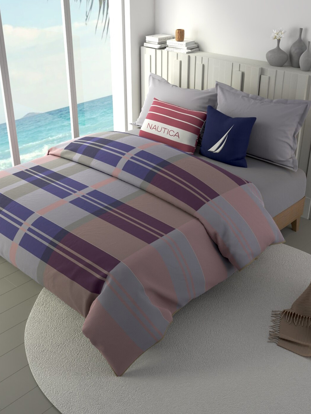 Nautica Ocean View Purple & Grey Checked AC Room Cotton Double Bed Comforter