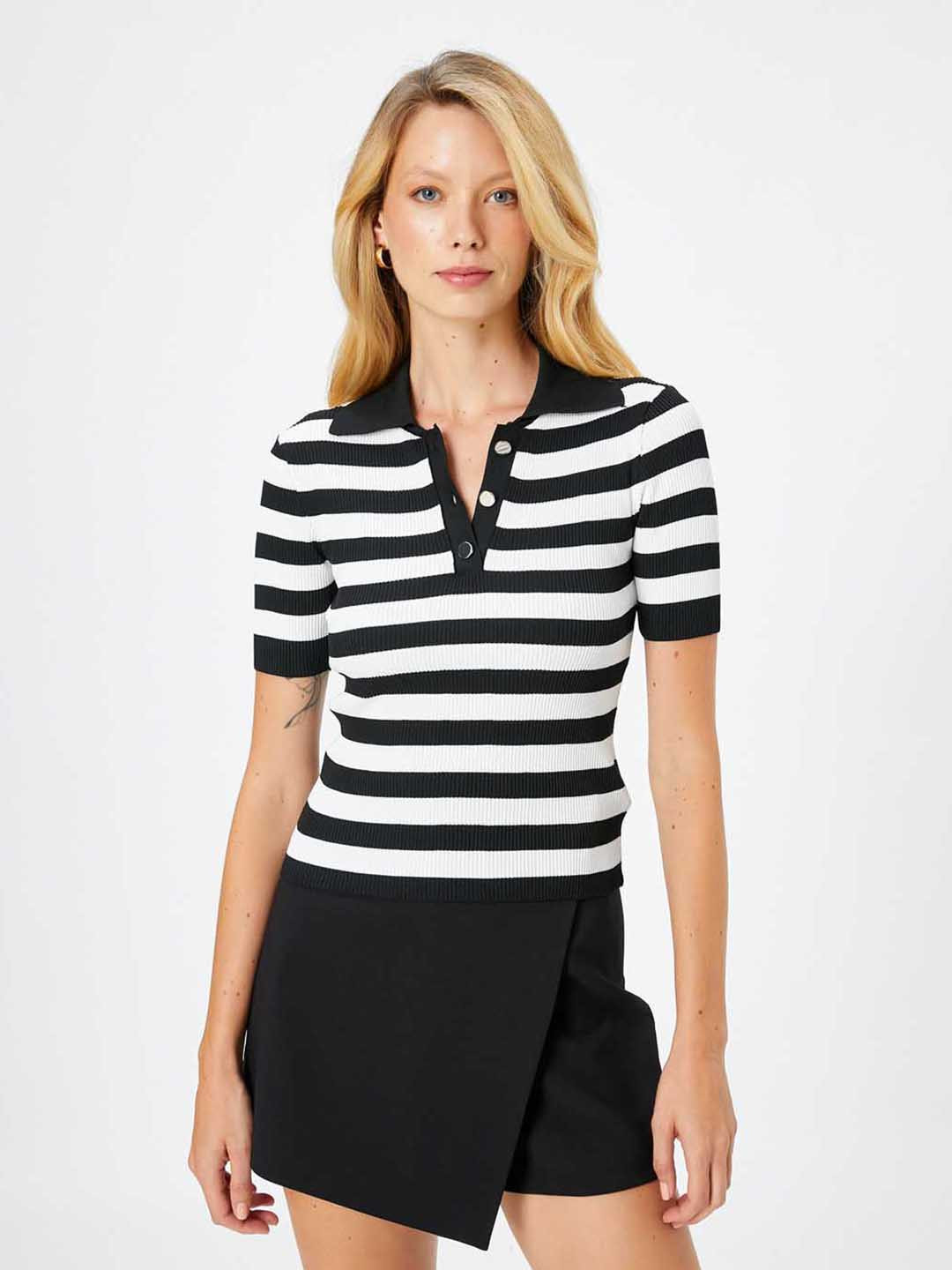 Koton Vertical Stripes Shirt Collar Cropped Top