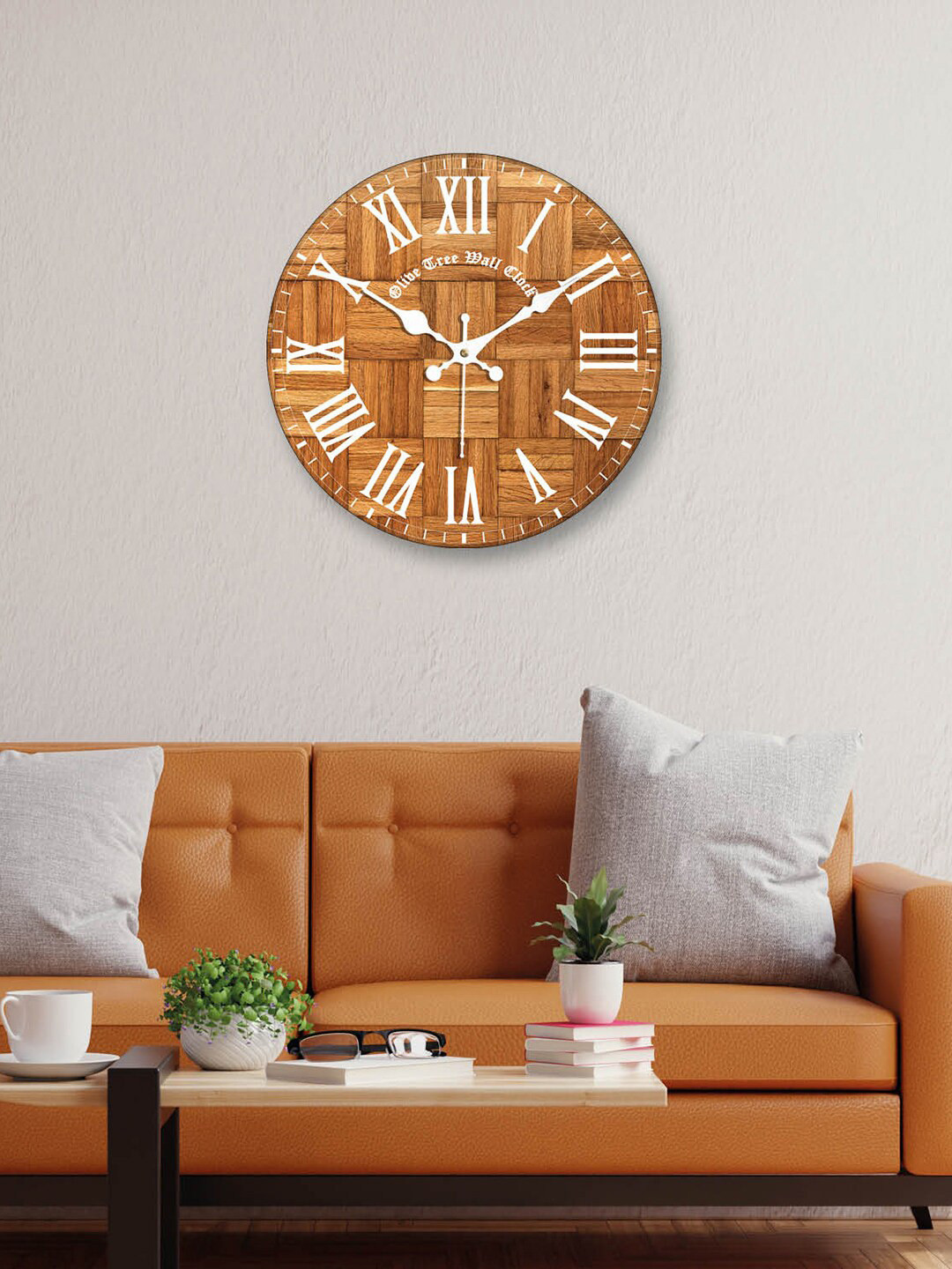 OLIVE TREE Brown & White Printed Contemporary Analogue Wooden Round Wall Clock