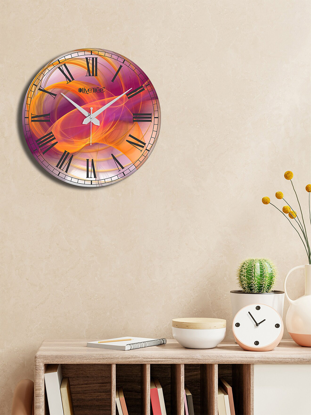 OLIVE TREE Orange & Fuchsia Printed Round Contemporary Wall Clock