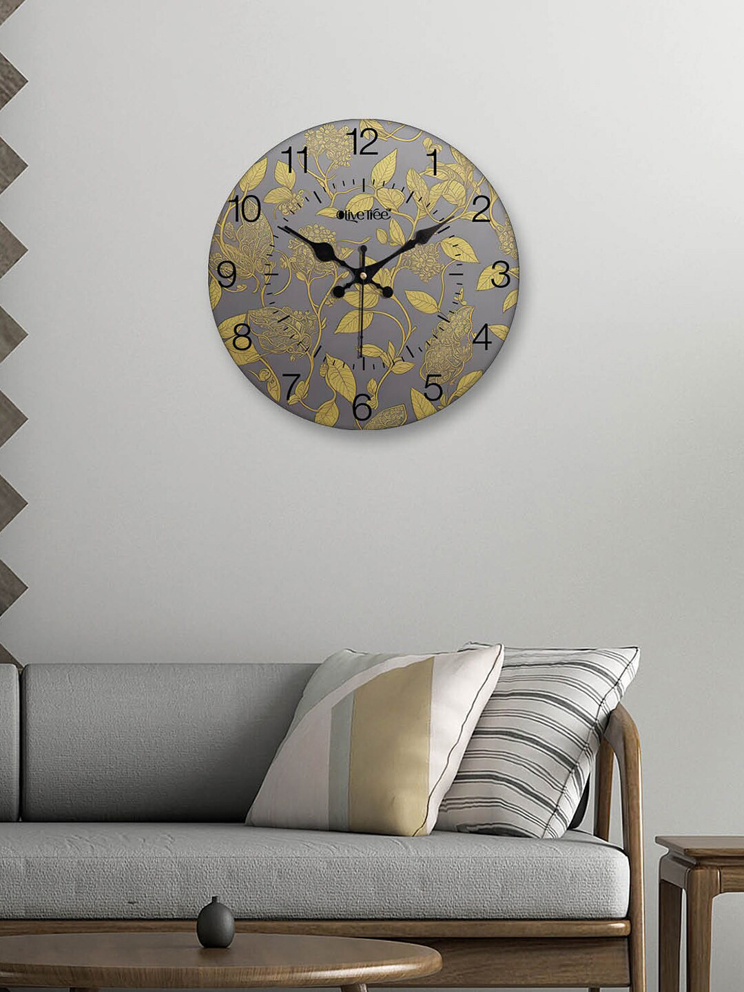 OLIVE TREE Grey & Green Printed Contemporary Analogue Wooden Round Wall Clock