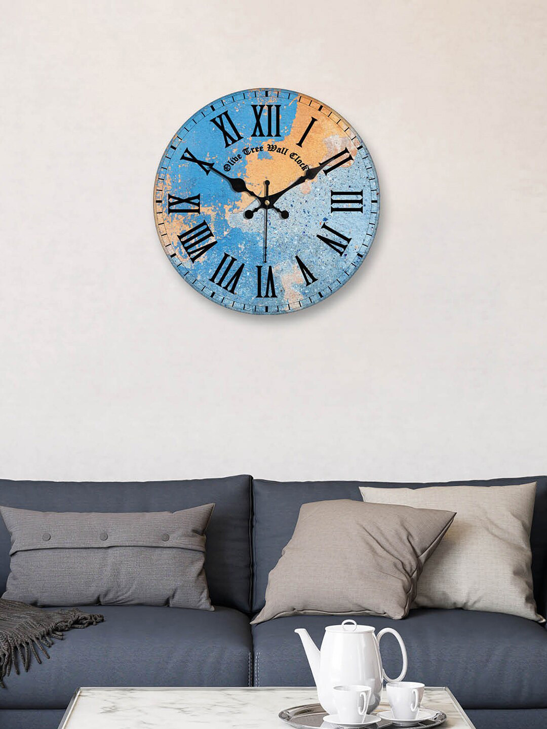 OLIVE TREE Blue & Black Printed Round Shape Contemporary Wall Clock