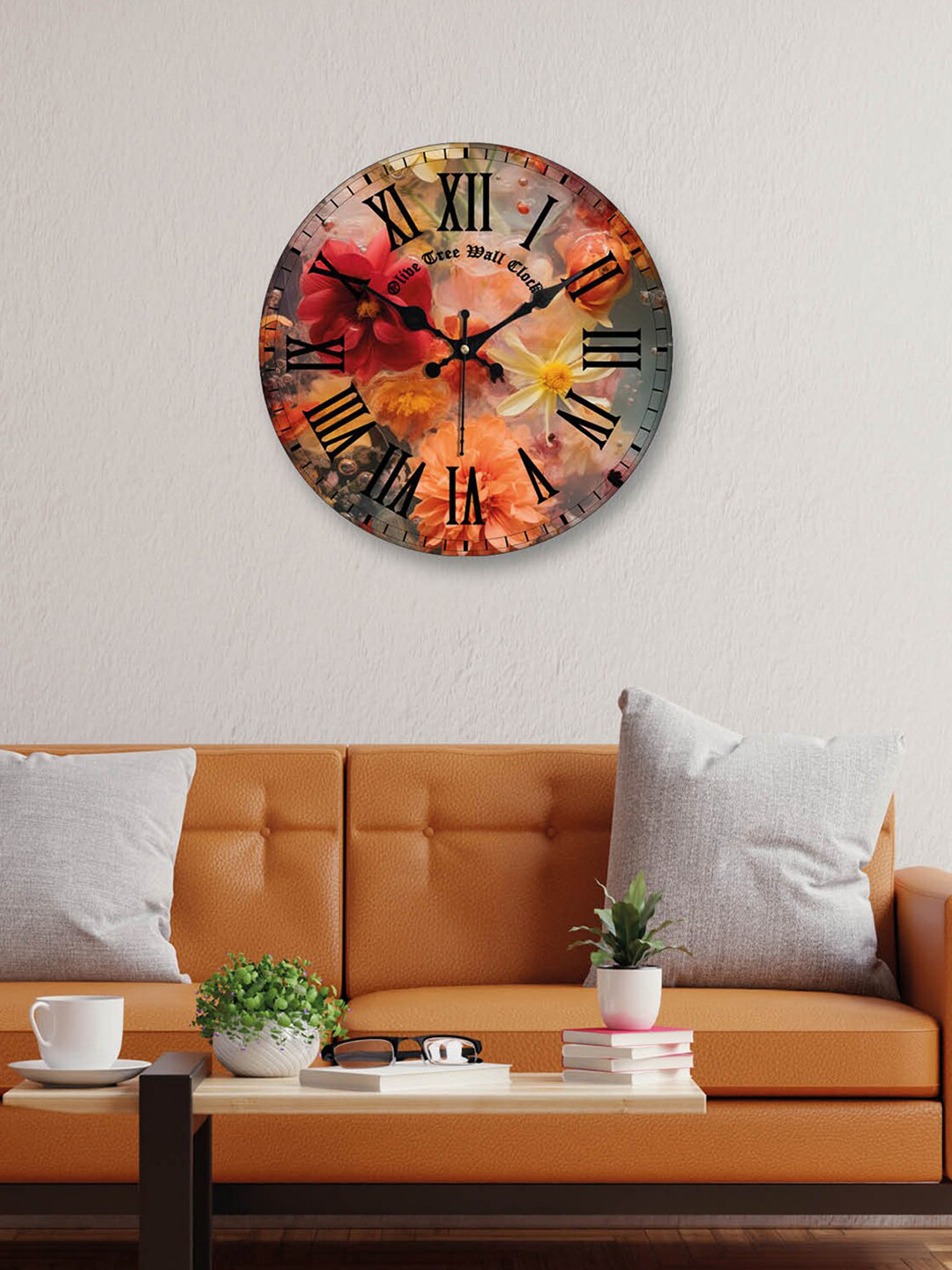 OLIVE TREE Coral & Black Printed Contemporary Analogue Wooden Round Wall Clock