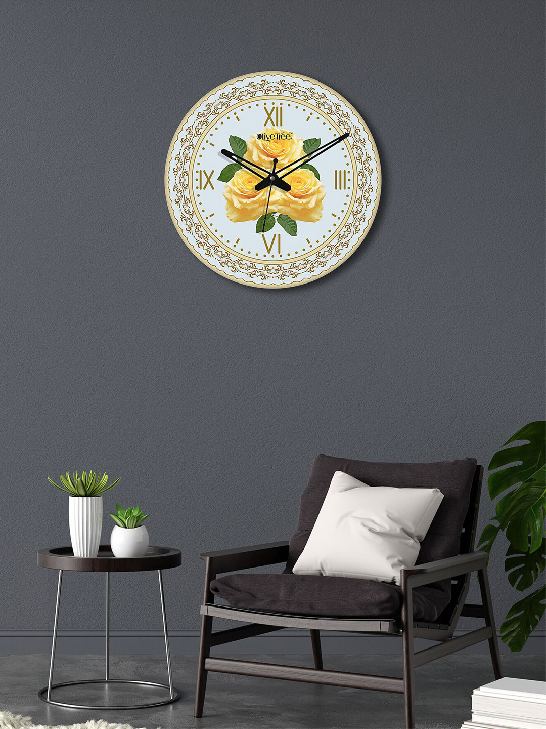 OLIVE TREE Green & Yellow Printed Round Shape Contemporary Wall Clock