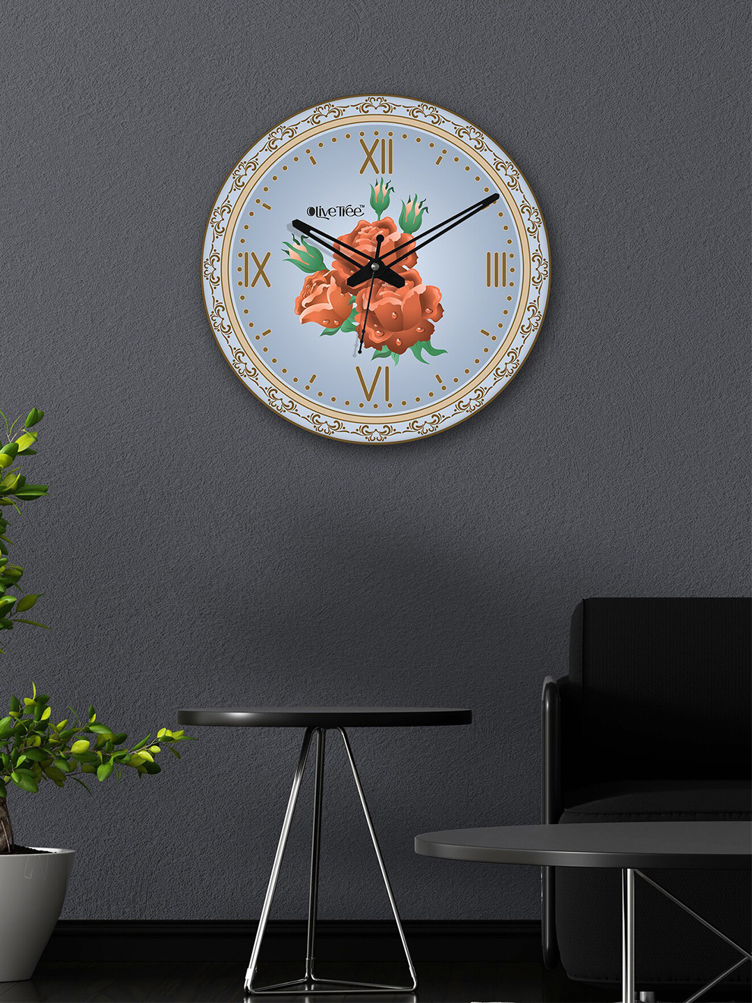 OLIVE TREE Blue & Orange Printed Contemporary Analogue Wooden Round Wall Clock