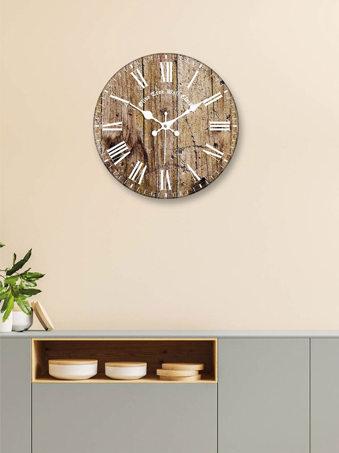 OLIVE TREE Brown & White Printed Contemporary Analogue Wooden Round Wall Clock