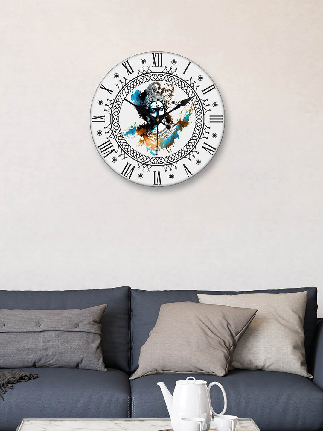 OLIVE TREE White MDF Large Display Round Battery Analogue Krishna Wall Clock-30.5cm