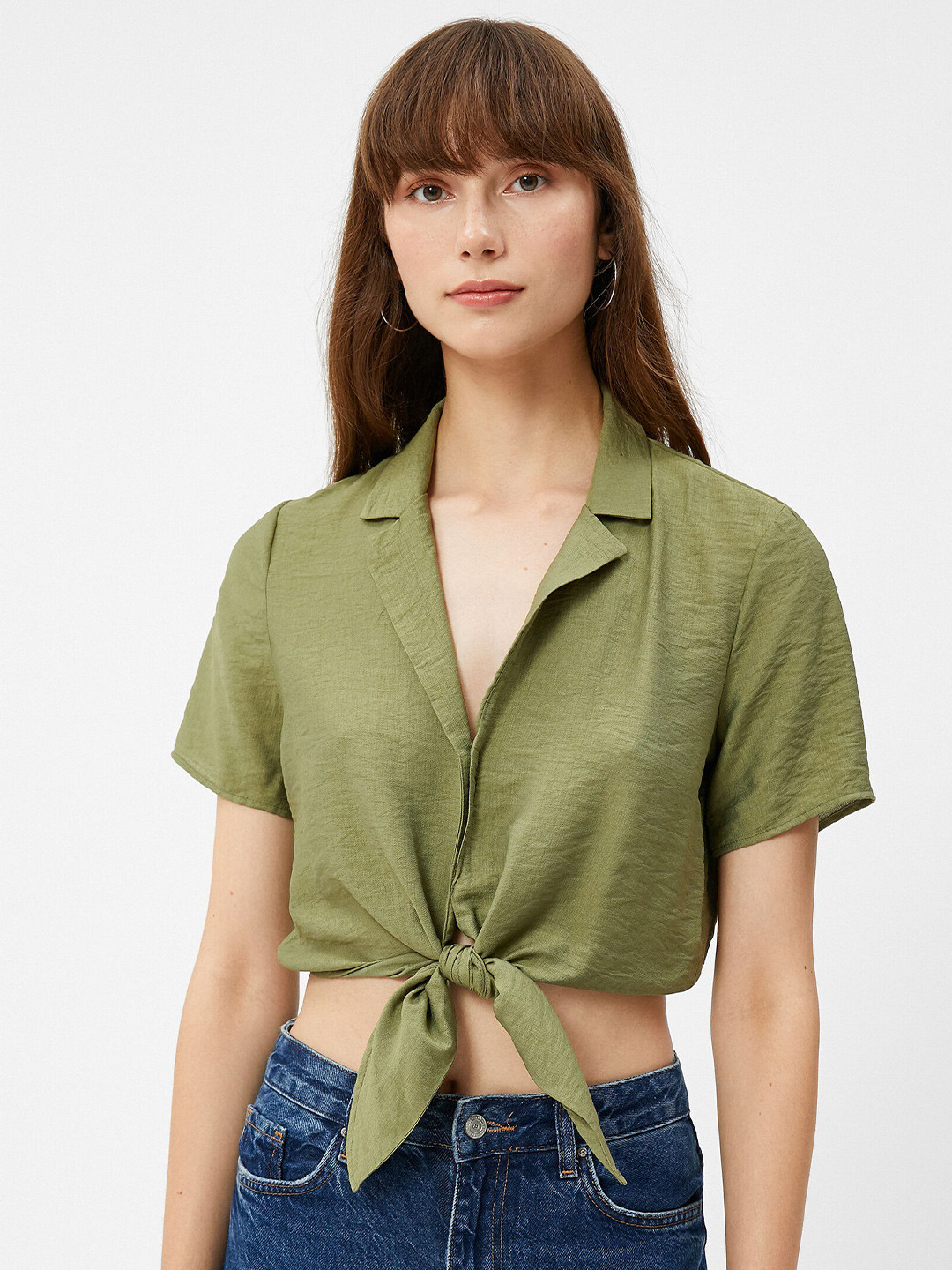 Koton Lapel Collar Tie-Ups Shirt Style Top