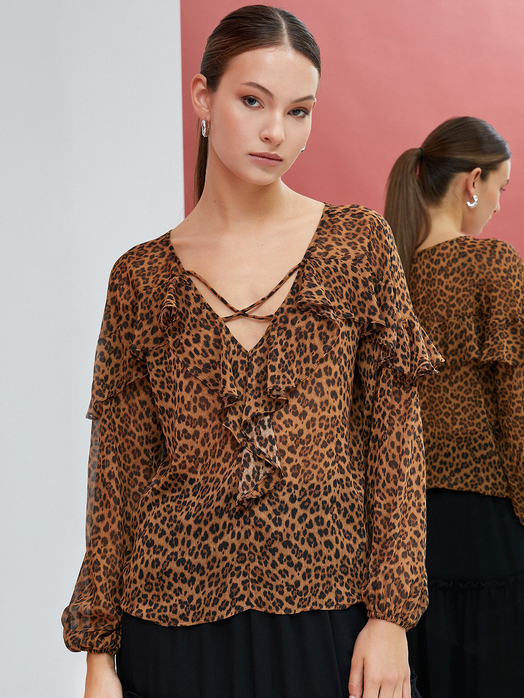 Koton Animal Printed V- Neck Ruffle Detail Regular Top
