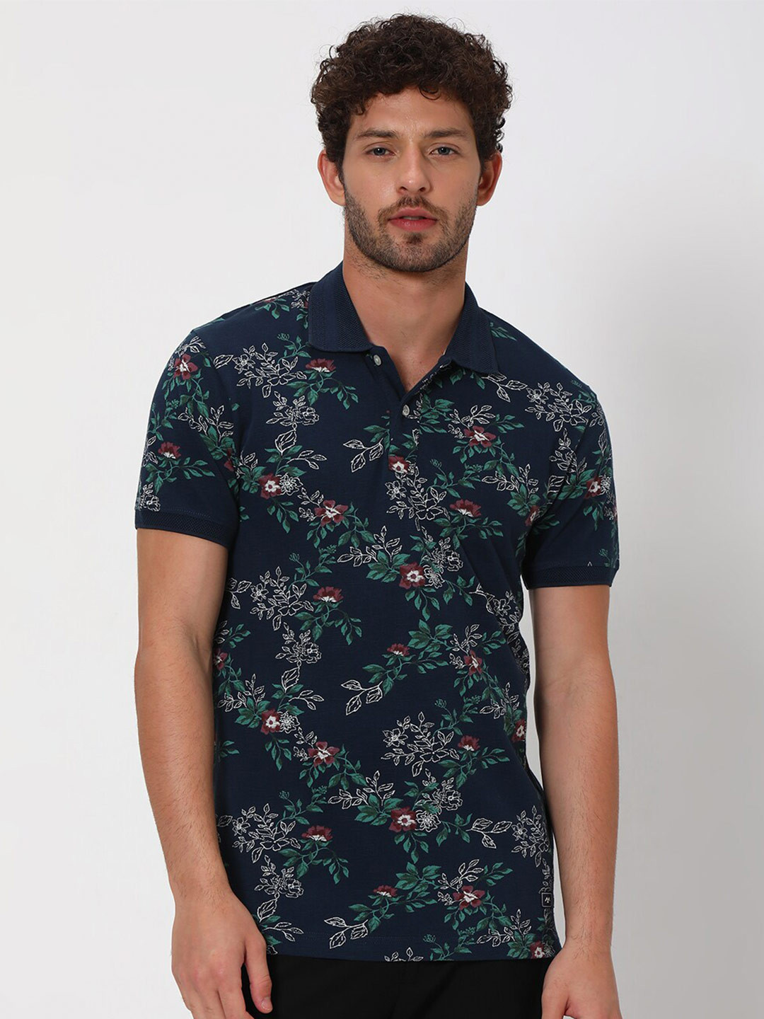 Mufti Slim Fit Floral Printed Polo Collar Short Sleeves Cotton T-shirt
