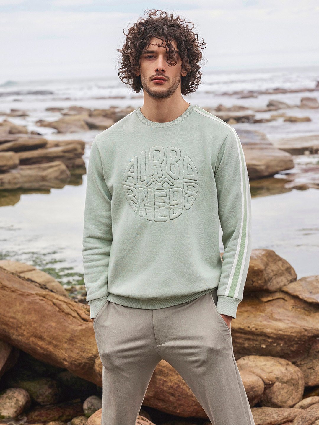 Mufti Typography Embossed Self Design Pullover Sweatshirt