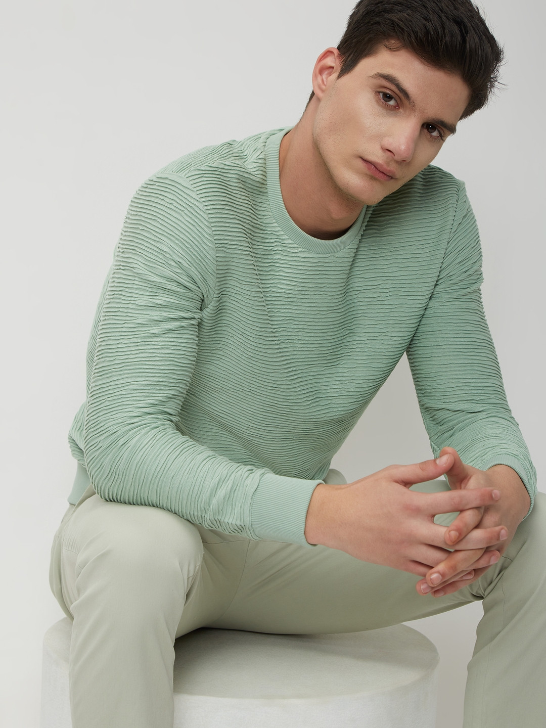 Mufti Striped Self Design Pullover Sweatshirt