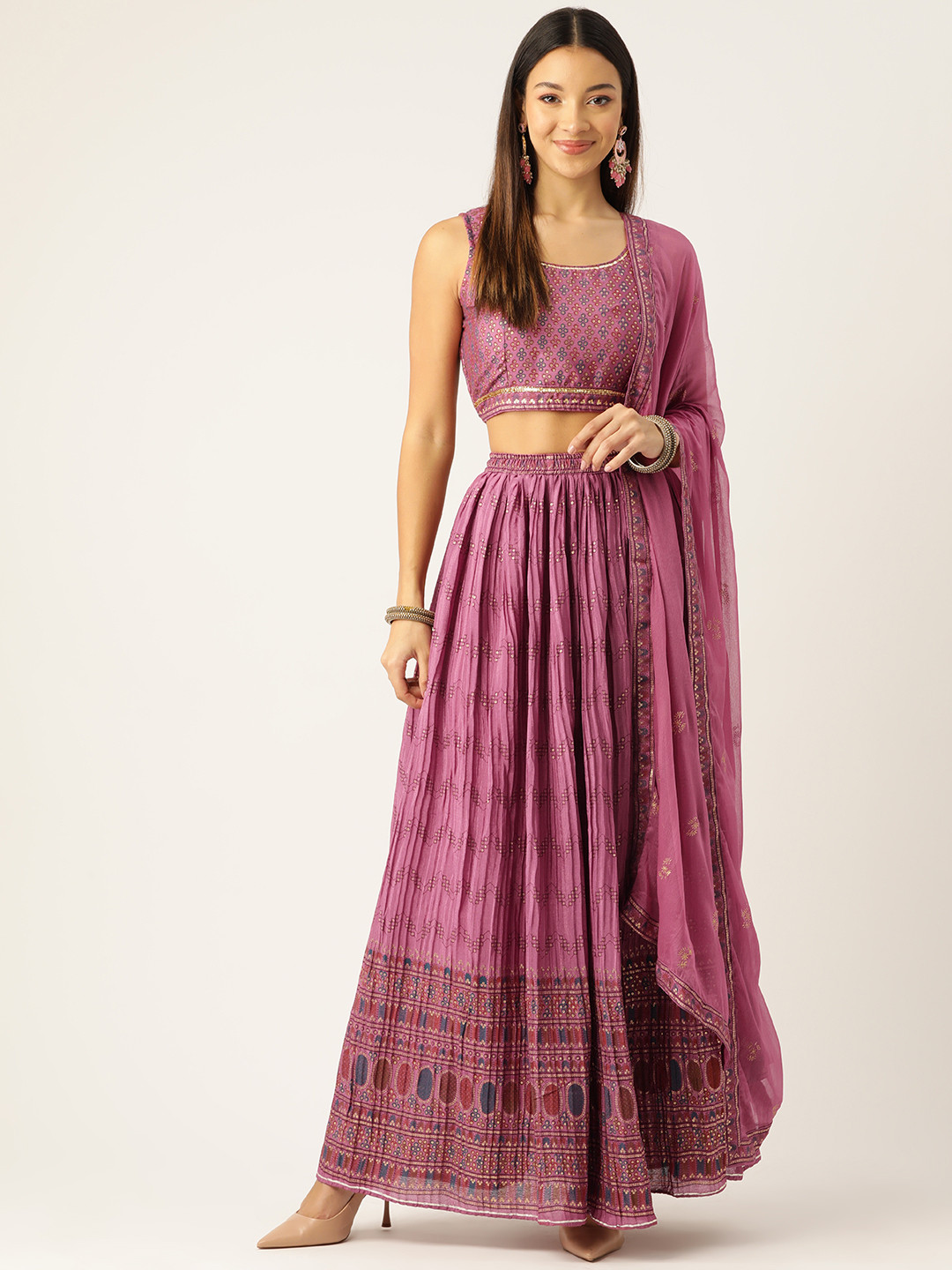 Rue Collection Pink & Blue Printed Ready to Wear Lehenga & Blouse With Dupatta & Potli