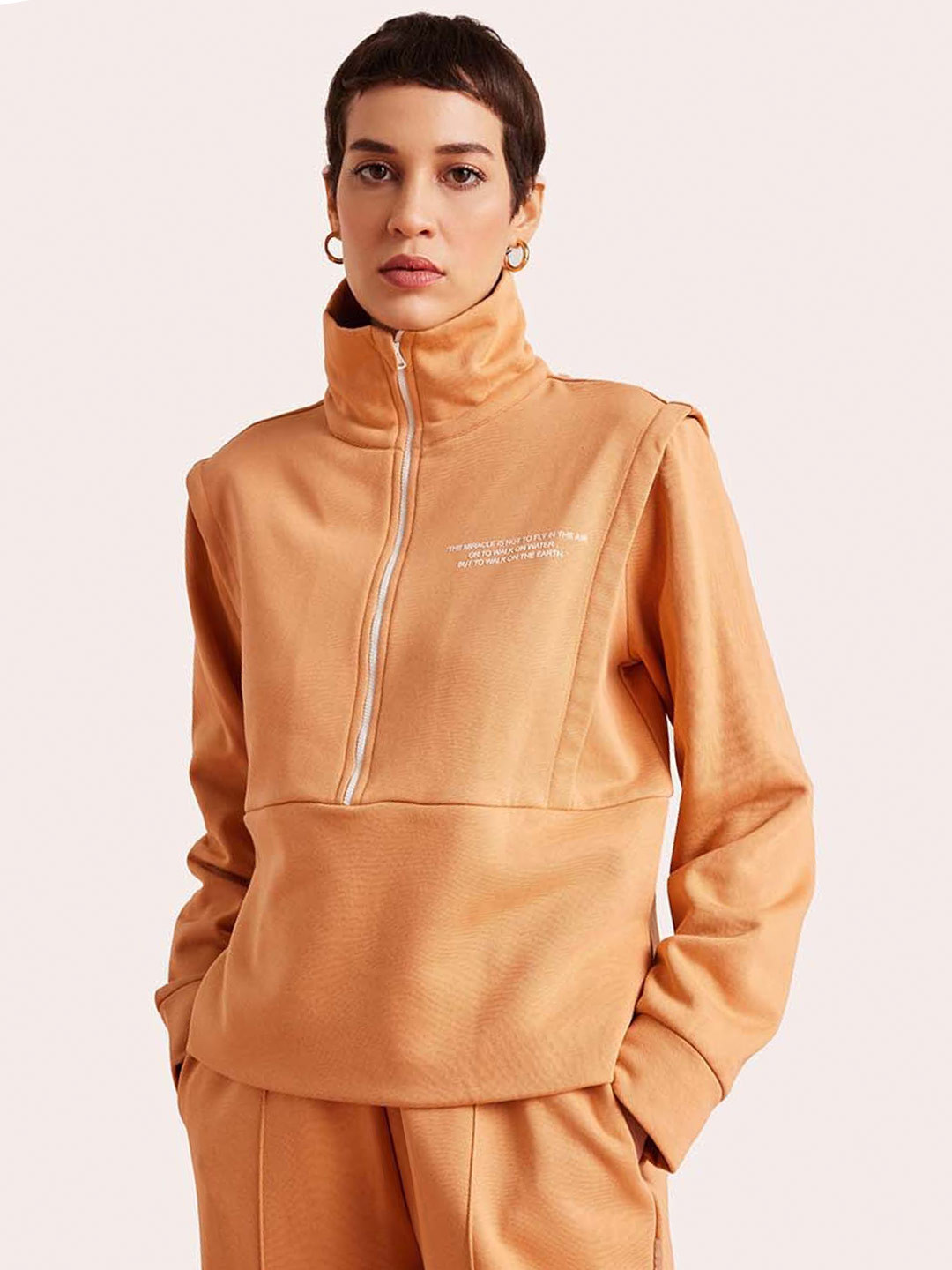 Muvazo Mock Collar Half Zipper Cotton Pullover