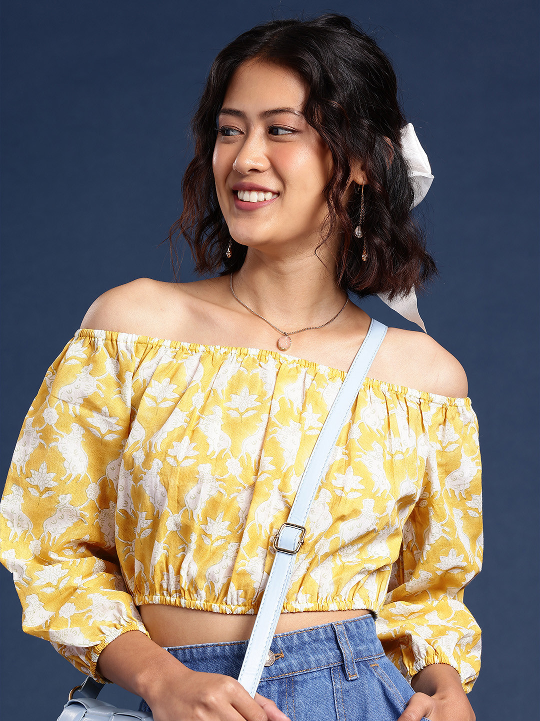 Taavi Print Off-Shoulder Pure Cotton Gulli Sanganeri Crop Top