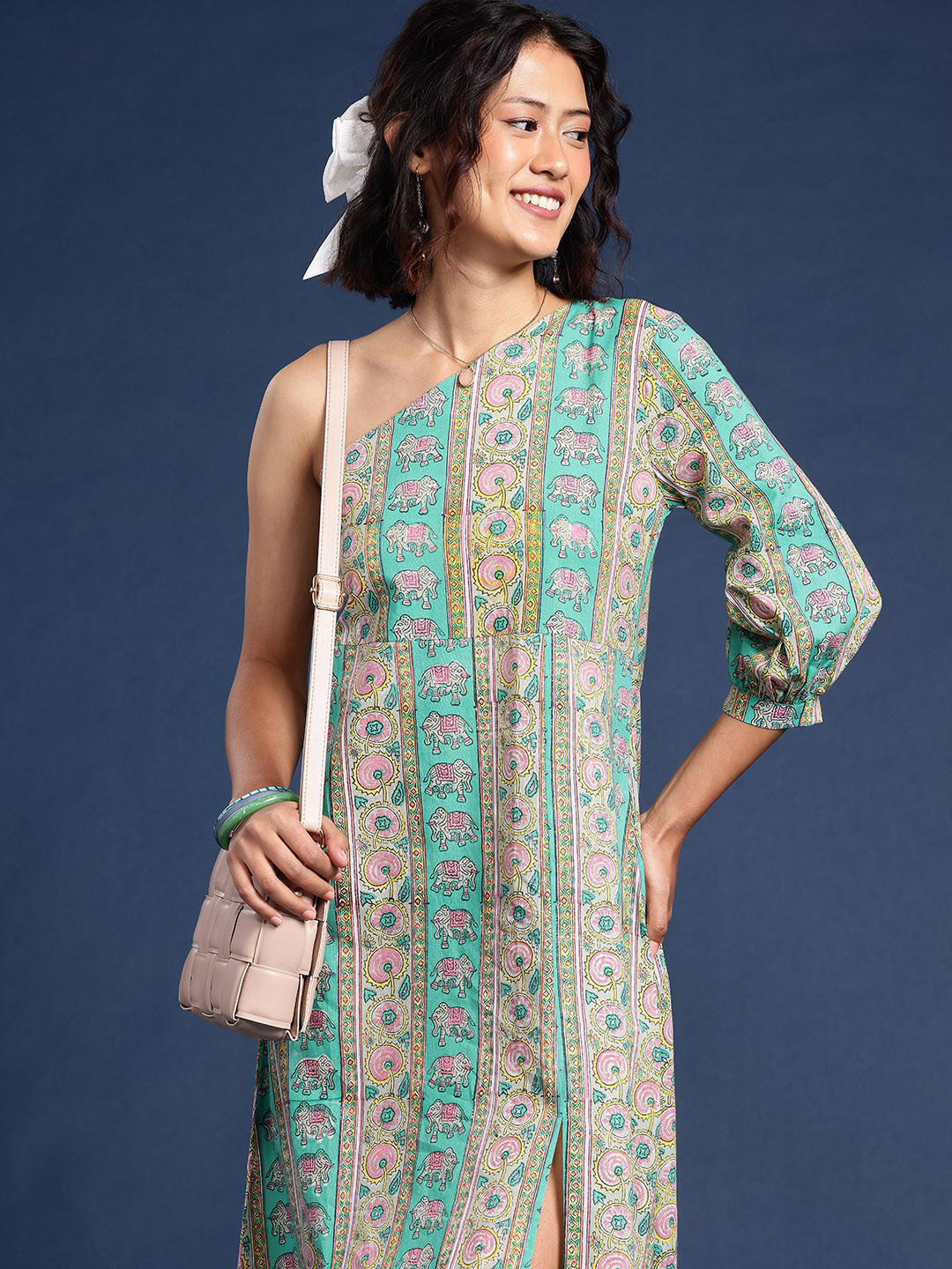 Taavi Gulli Sanganeri Block Print One Shoulder Bishop Sleeve A-Line Midi Dress