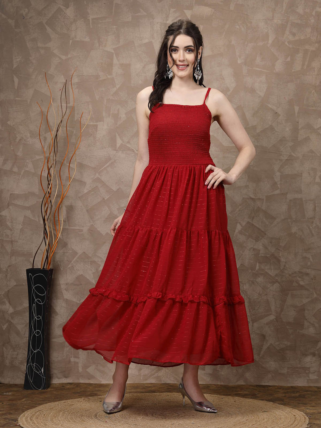 plusS Red Striped Embellished Shoulder Straps Gathered & Tiered Detail Maxi Dress
