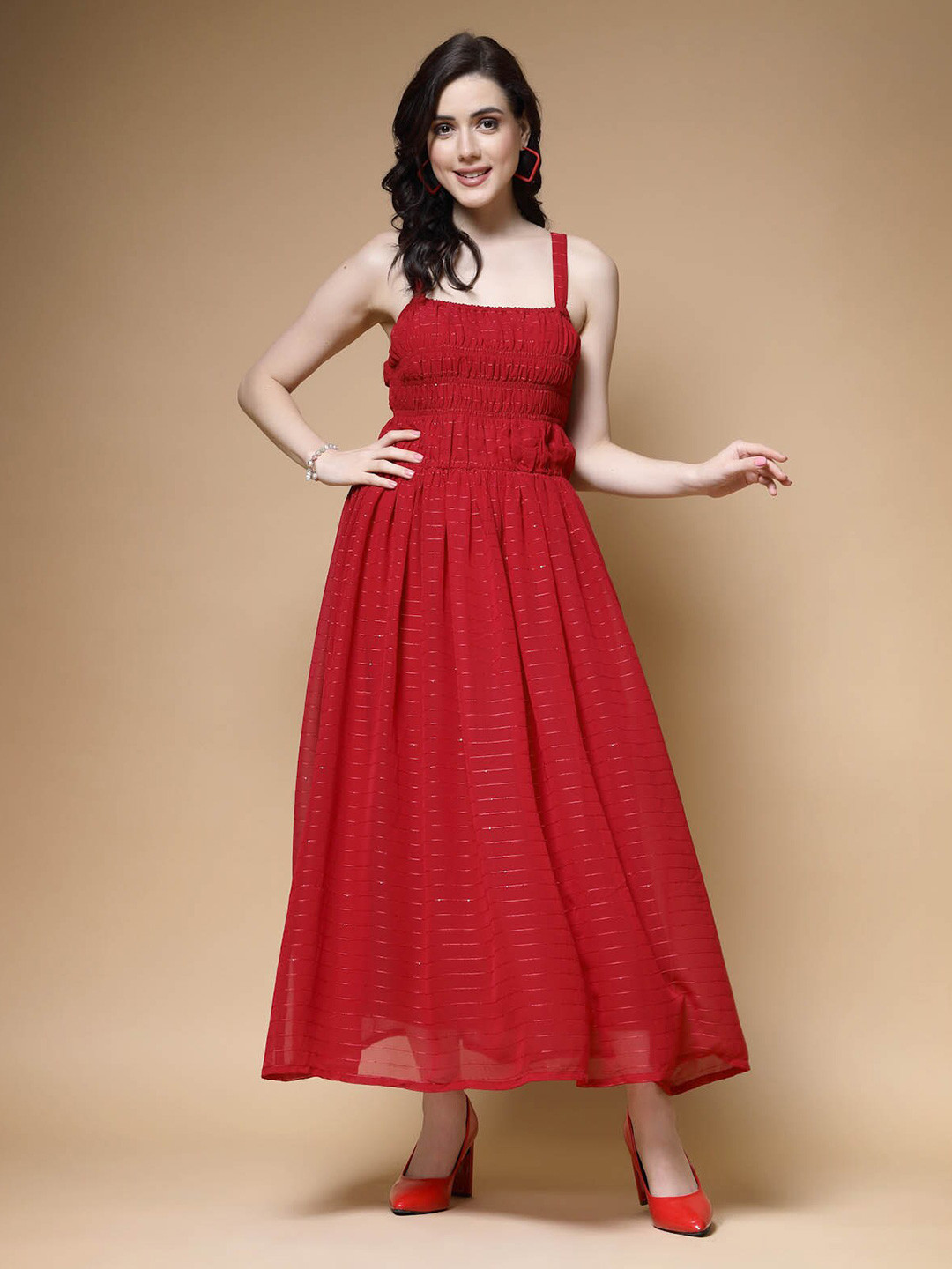 plusS Red Striped Embellished Shoulder Straps Gathered & Tiered Detail Maxi Dress