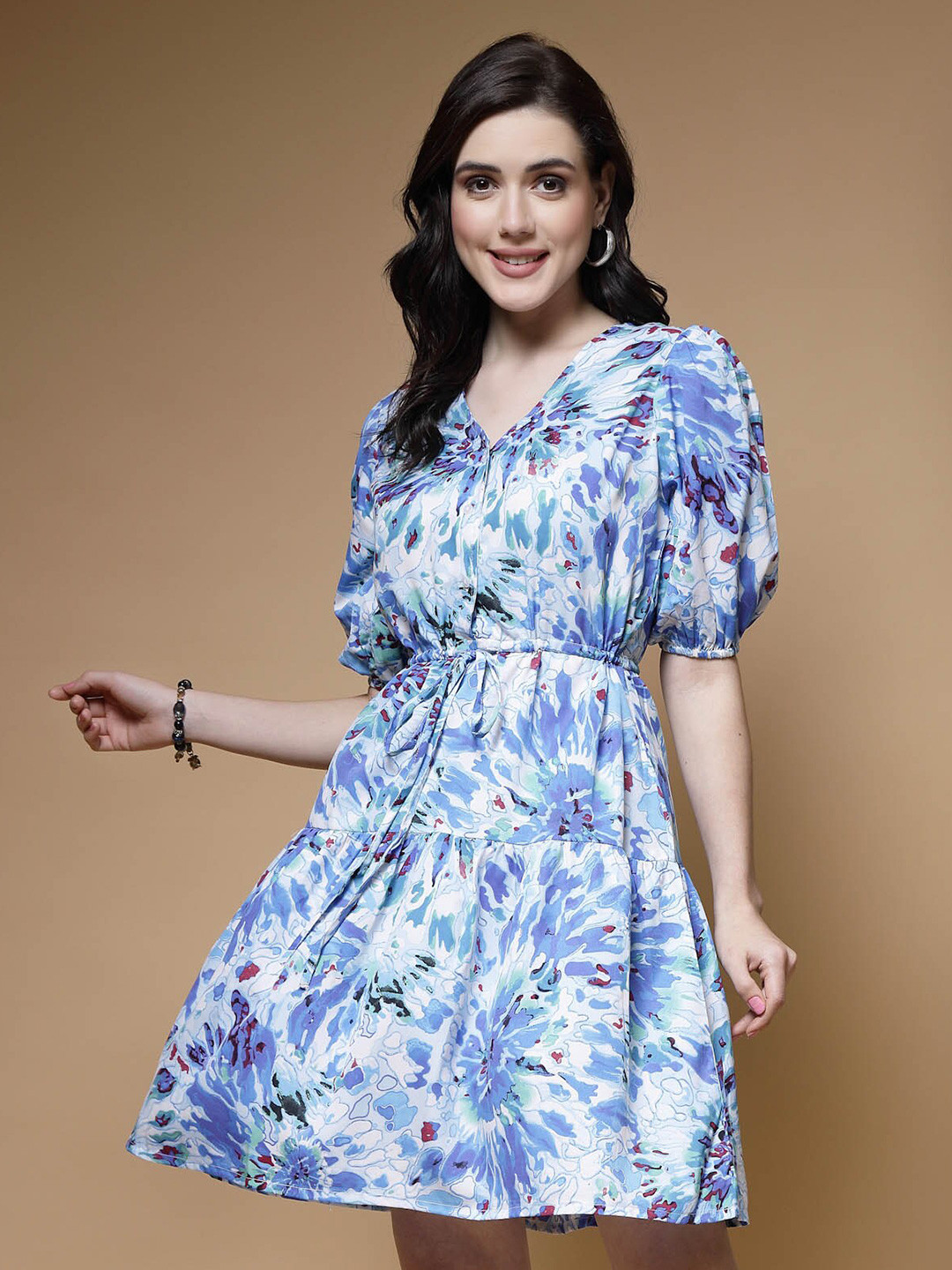 plusS Blue Floral Pinted Puff Sleeves Gathered Fit & Flare Dress