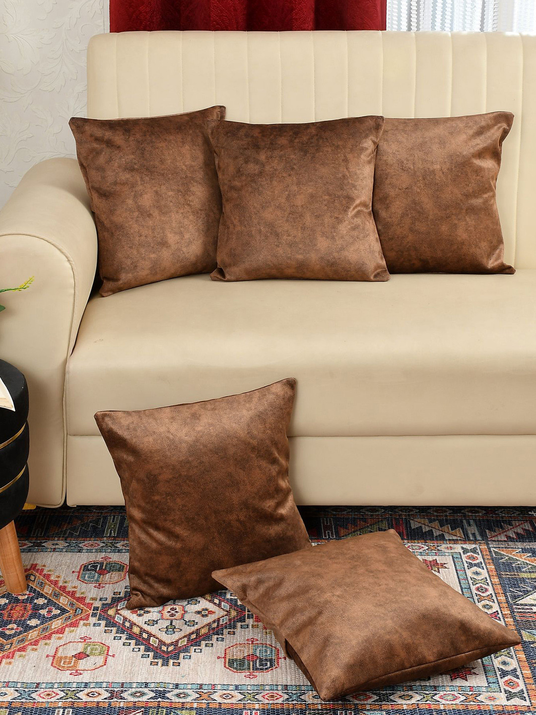 Florida Brown 5 Pieces Velvet Square Cushion Covers