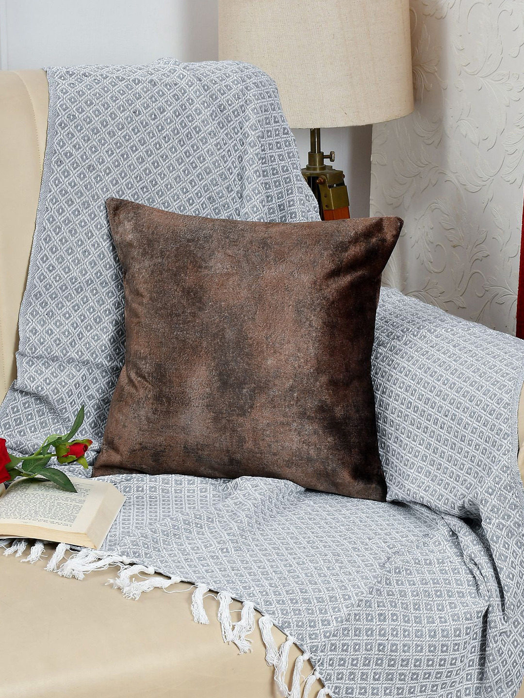 Florida Brown Abstract Velvet Durable Square Cushion Cover -16x16In