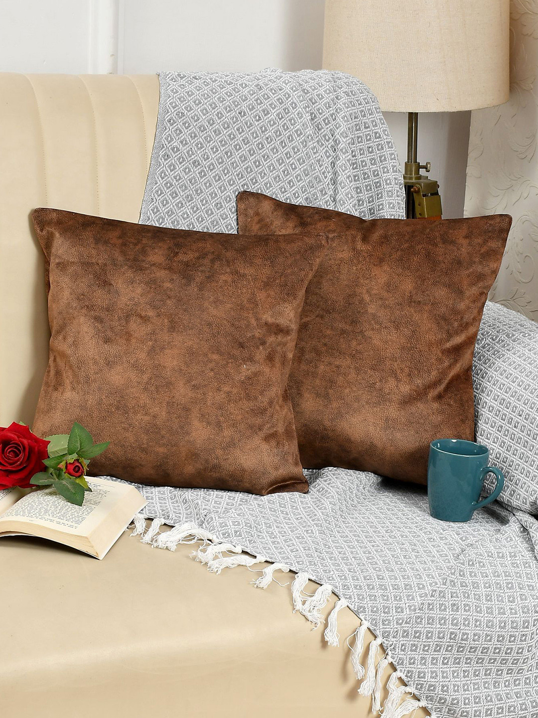 Florida Brown Velvet Durable 2 Pcs Square Cushion Covers - 16 x 16 In