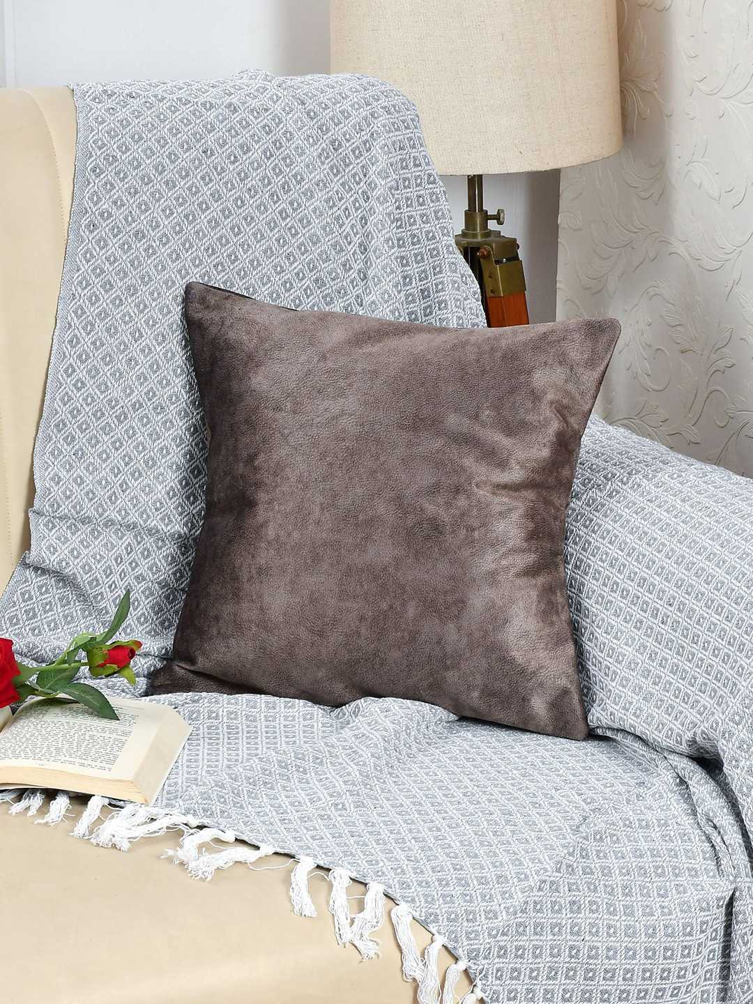 Florida Brown Velvet Durable Square Cushion Cover - 16 x 16 Inches