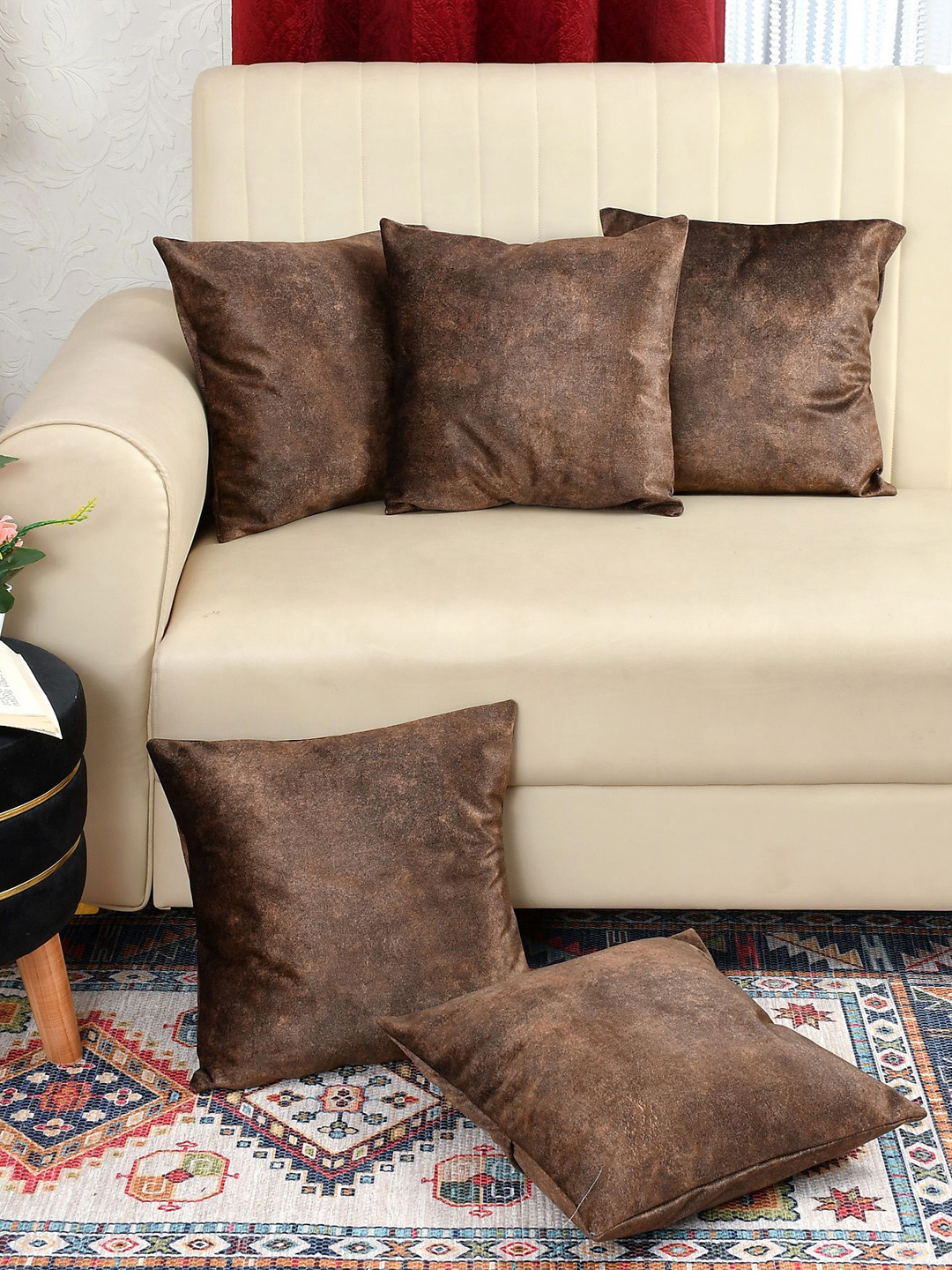 Florida Brown 5 Pieces Velvet Square Cushion Covers