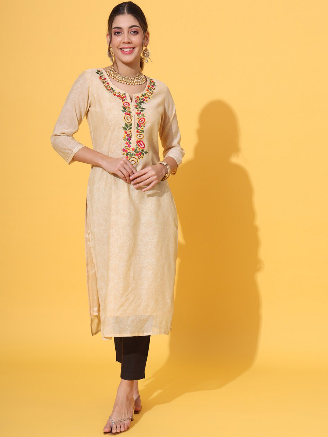DECKEDUP Floral Printed Thread Work Chanderi Cotton Straight Kurta