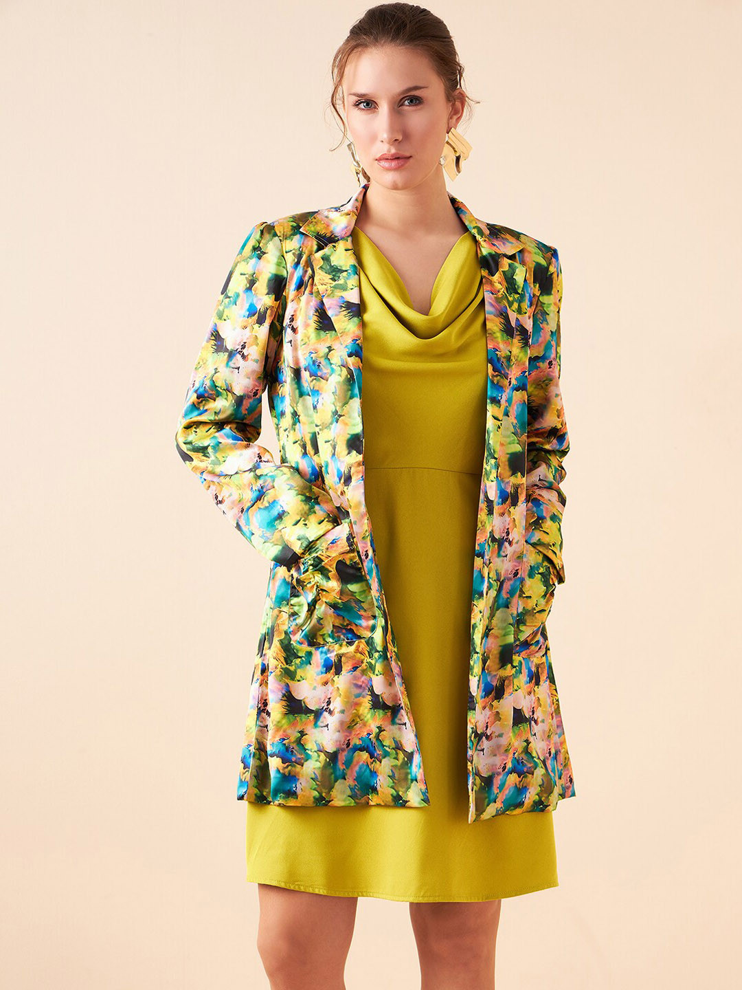 Antheaa Cowl Neck A-Line Dress With Printed Jacket
