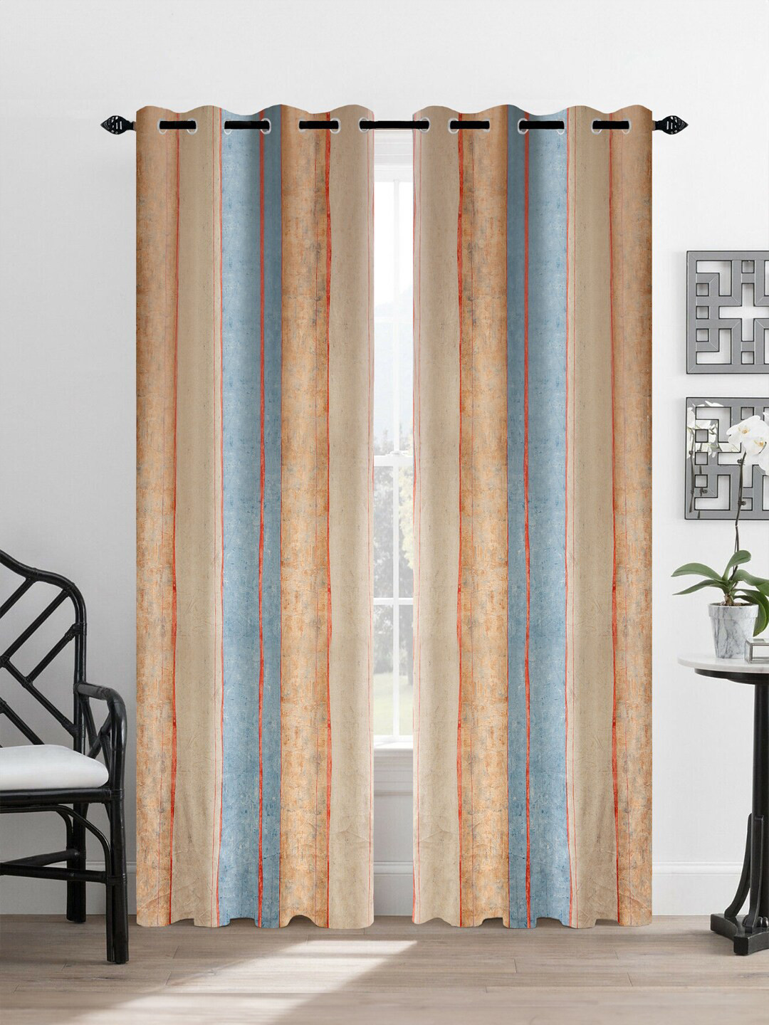 Tesmare 2 Pcs Beige & Blue Striped Room Darkening Long Door Curtain