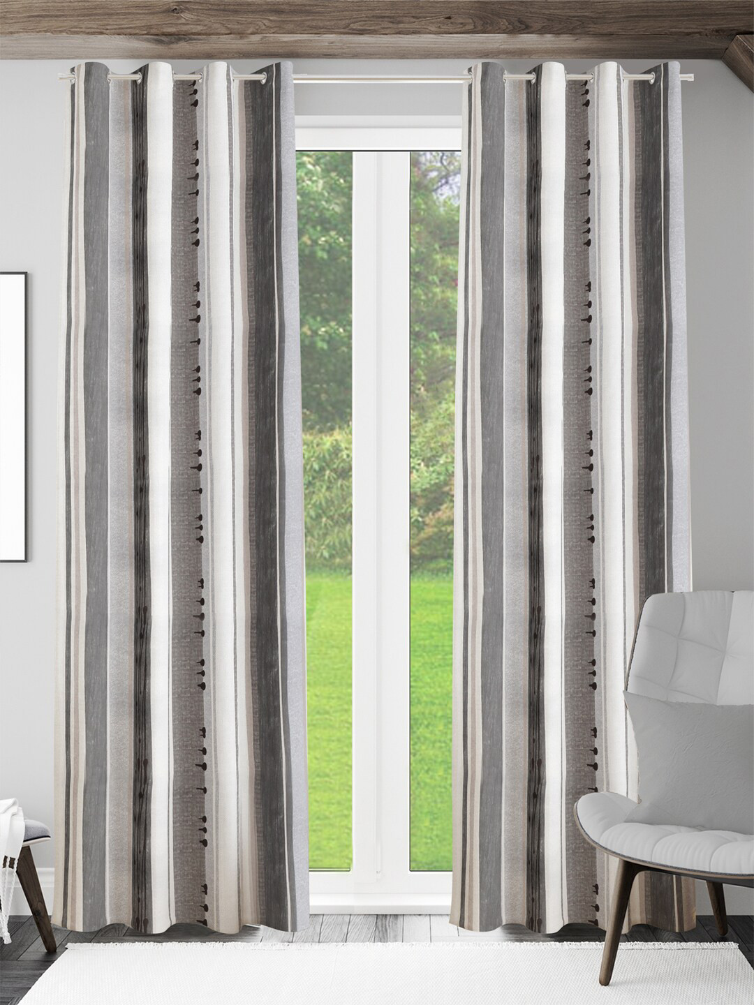 Tesmare Grey & White 2 Pieces Striped Long Door Curtain