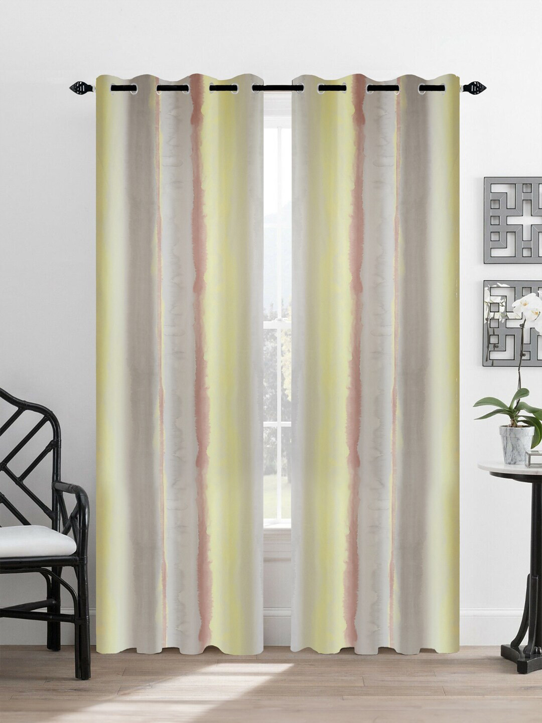 Tesmare 2 Pcs Yellow & Grey Striped Satin Long Door Curtain