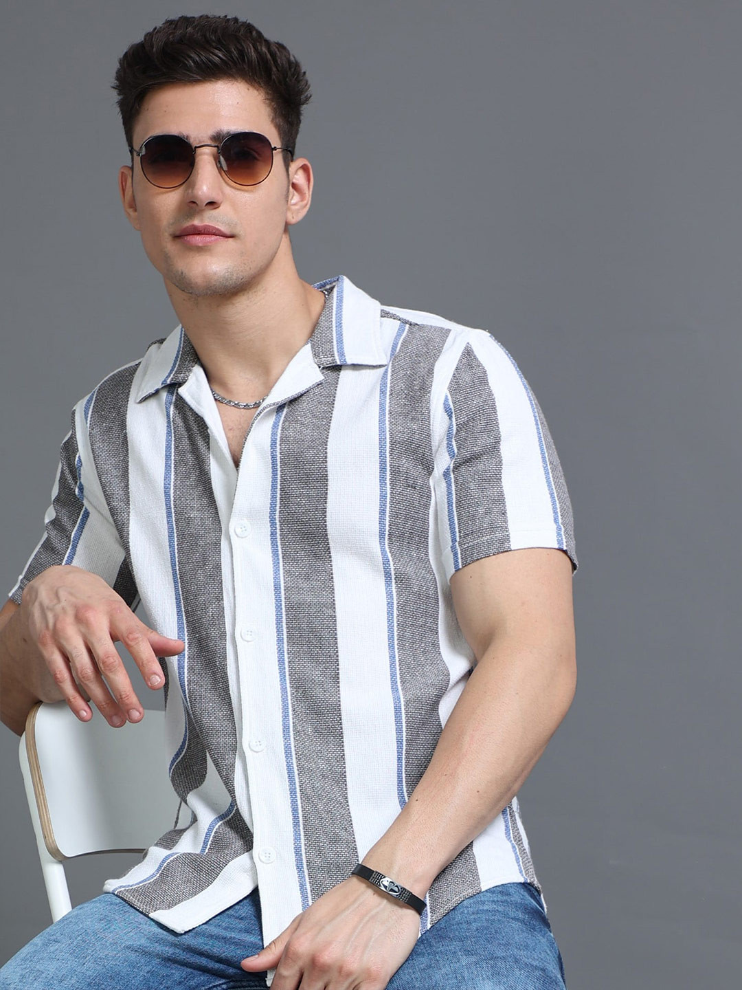 Buy HERE&NOW White Slim Fit Vertical Striped Cuban Collar Cotton