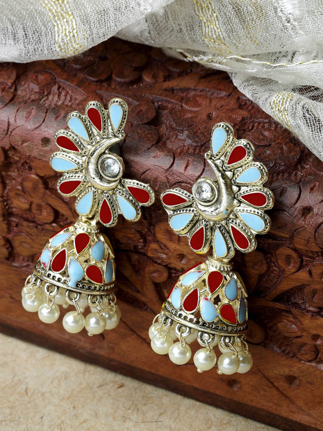 KARATCART Blue Gold Plated Kundan Studded Jhumkas Jhumki Earrings