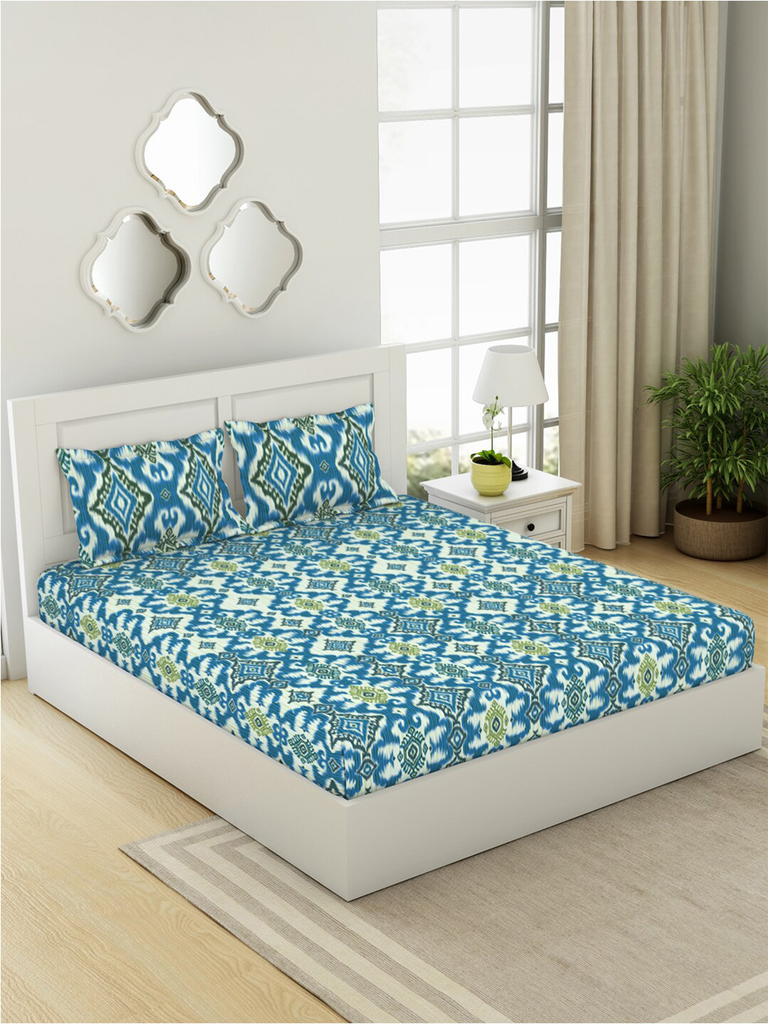 SPACES Ikkat Blue Graphic Cotton 144 TC King Bedsheet with 2 Pillow Covers-108 x 108 inches