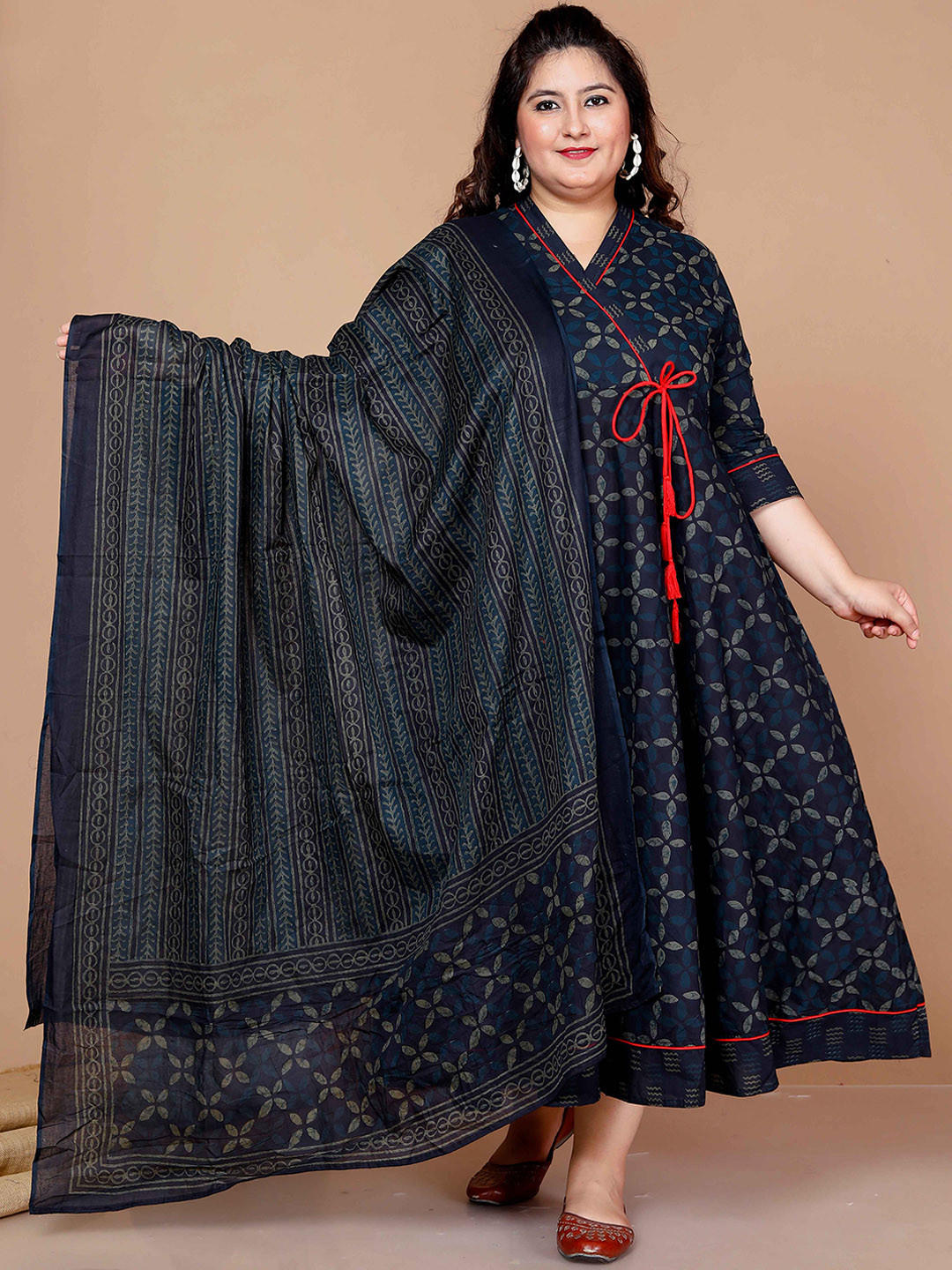MIRAVAN Plus Size Floral Printed Indigo Cotton Anarkali Kurta with Dupatta