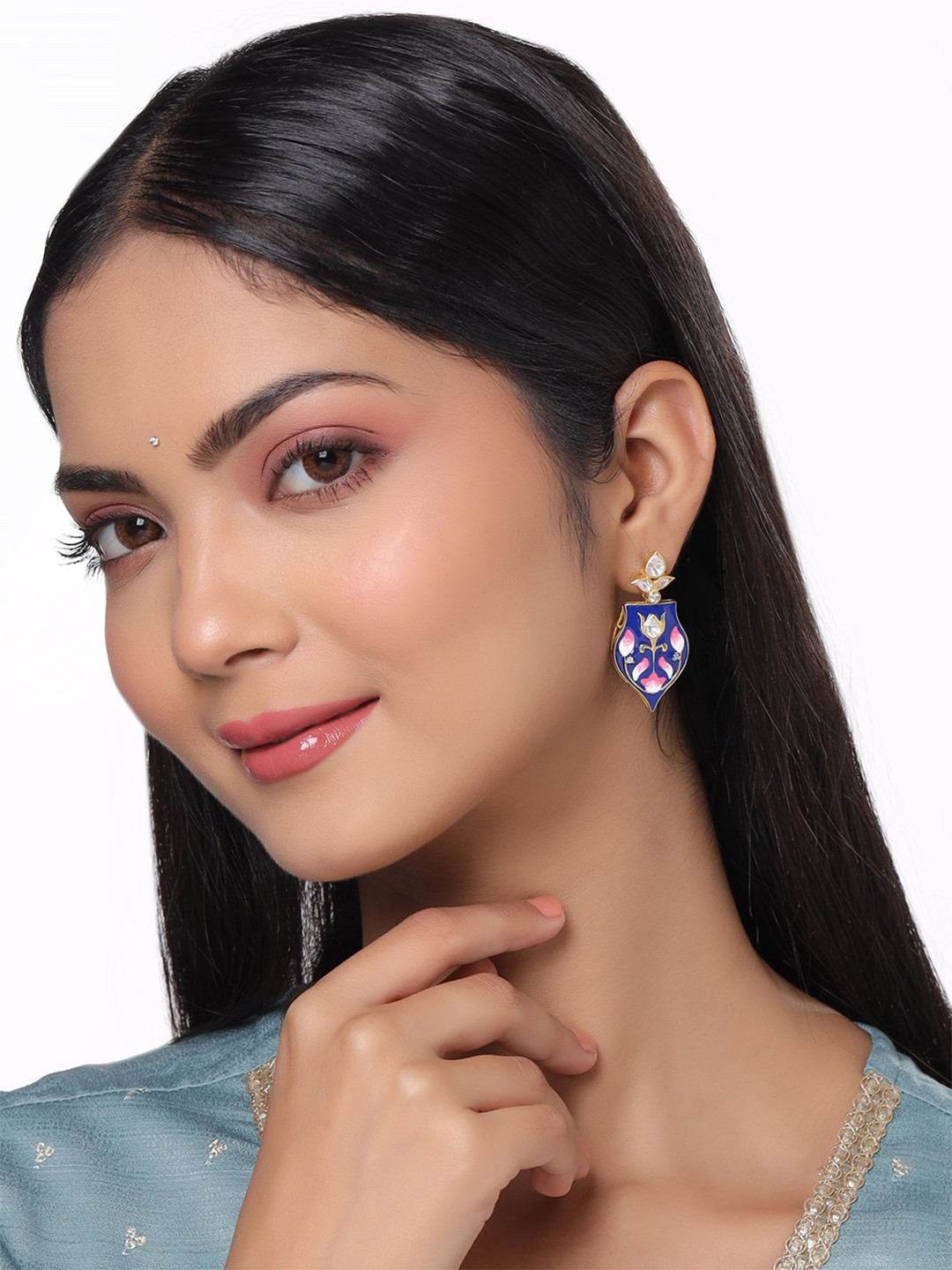 Kicky And Perky 925 Sterling Silver Polki Moissanite Studded & Enamel Drop Earrings