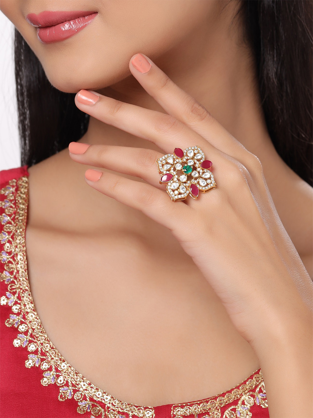 Kicky And Perky 925 Sterling Silver Green Onyx & Polki Moissanite Studded Adjustable Ring