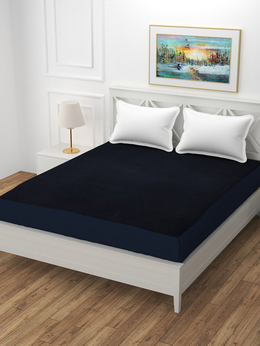 BREVARD Navy Blue Terry Queen Size Bed Mattress Protector