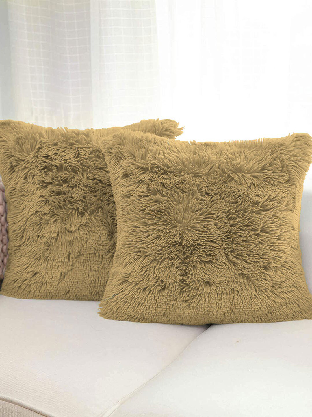 LUXEHOME INTERNATIONAL Gold Fur Washable 2 Piece Square Cushion Covers -16x16In