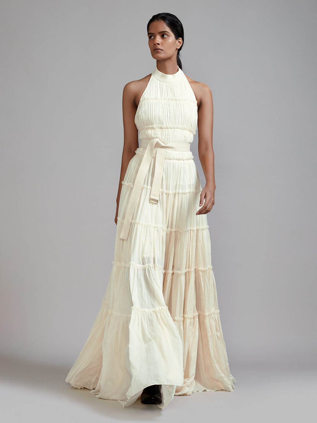 MATI Halter Neck Sleeveless Tiered Fringed Cotton Maxi Dress