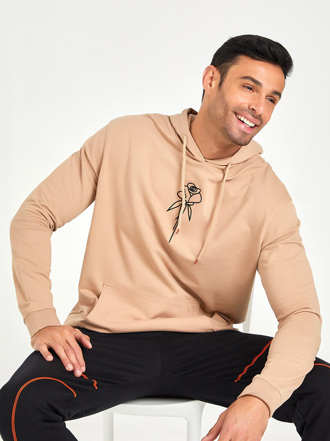 Styli Beige Embroidered Relaxed Fit Hooded Cotton Pullover Sweatshirt