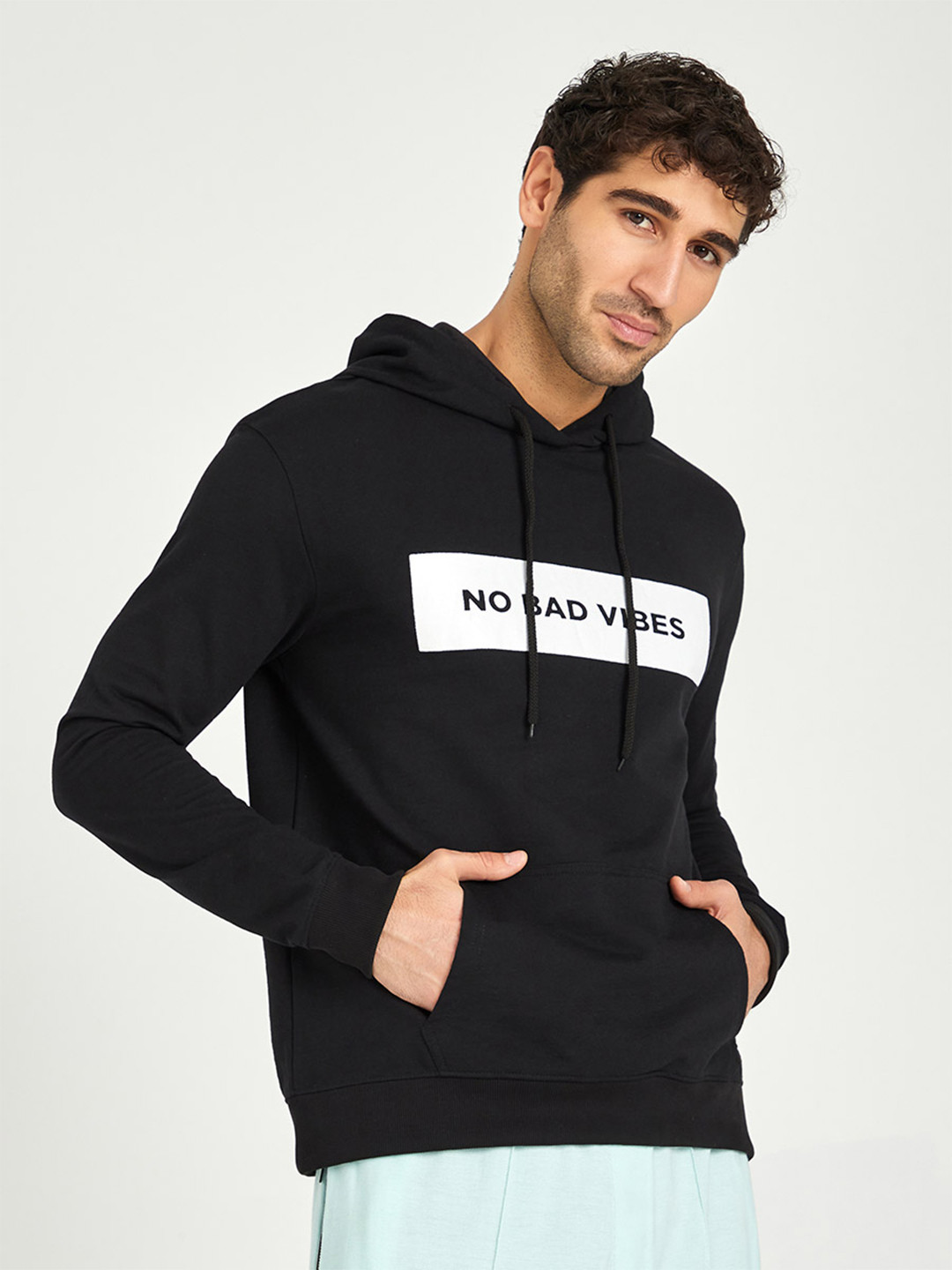 Styli Black Typography Slogan Printed Relaxed Fit Hooded Cotton Pullover Sweatshirt